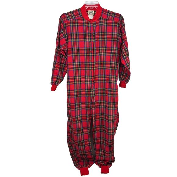 LL Bean X Lanz Collab Adult One Piece Pajamas Red Plaid Pockets Size Medium USA - Picture 1 of 6